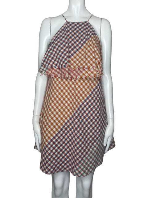 Vestido Zara Cuadros Desflecado Naranja-Talla M