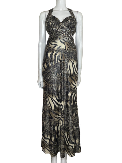 Vestido Dave & Johnny Maxi Animal Print Back Out Beige-Talla 3/4