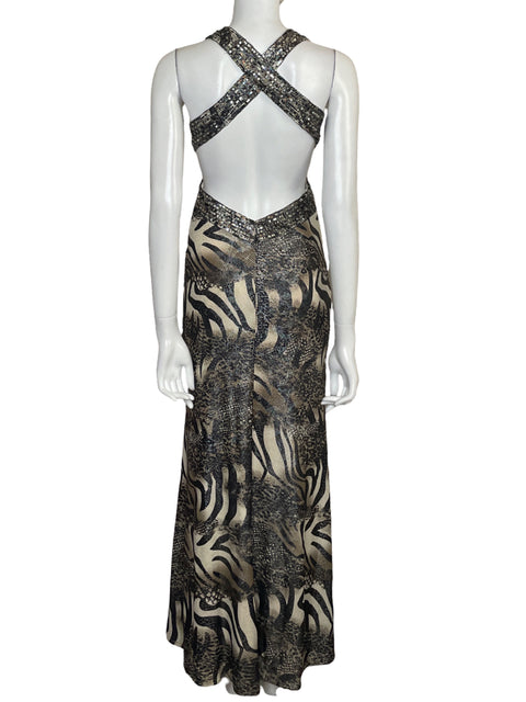 Vestido Dave & Johnny Maxi Animal Print Back Out Beige-Talla 3/4