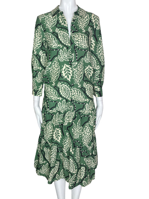 Vestido Zara Manga Larga Flores Verde- Talla XS