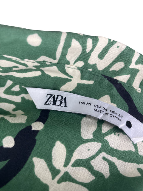 Vestido Zara Manga Larga Flores Verde- Talla XS