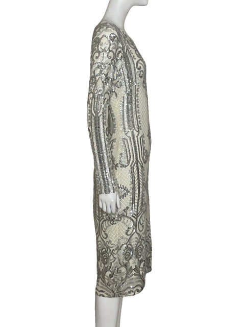 Vestido Betsy Adam Lentejuelass Blanco-Talla 12