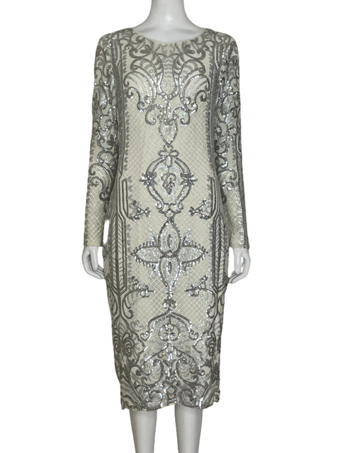Vestido Betsy Adam Lentejuelass Blanco-Talla 12