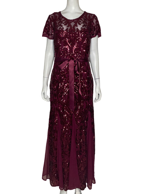 Vestido R&M Richards Lentejuelas Satén Rojo Vino - Talla S