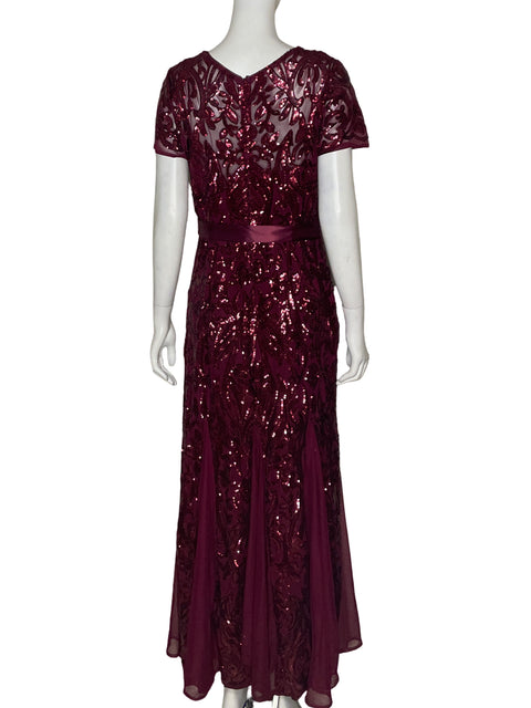Vestido R&M Richards Lentejuelas Satén Rojo Vino - Talla S
