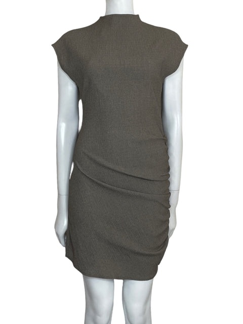 Vestido Zara Drapeado Cuello Alto Marrón-Talla L