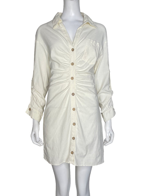 Vestido Zara Lino Drapeado Beige - Talla M