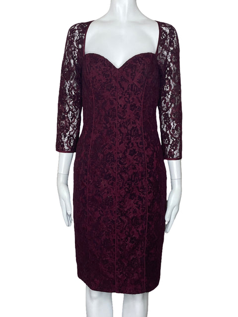 Vestido Aidan Mattox Encaje Mangas Rojo-Talla 4