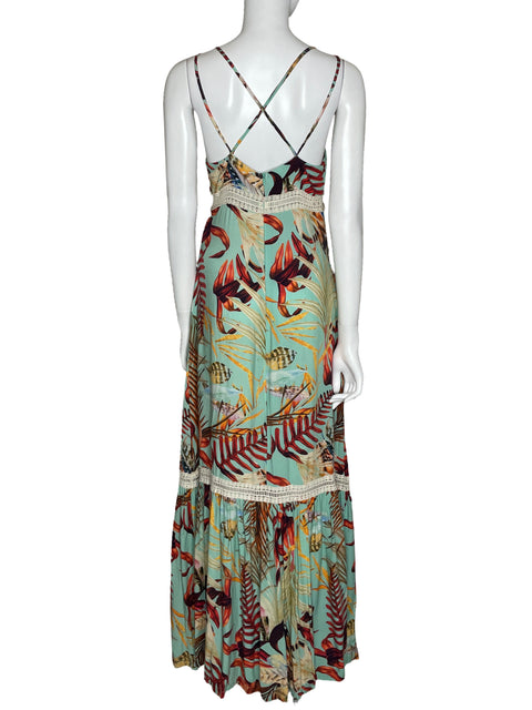 Vestido Studio F Tropical Tirantes Verde-Talla 6