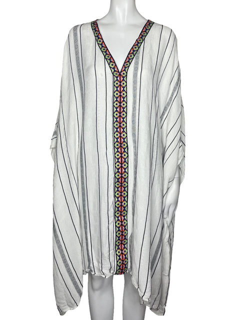 Poncho Scoop Rayas Bordado Blanco-Talla M