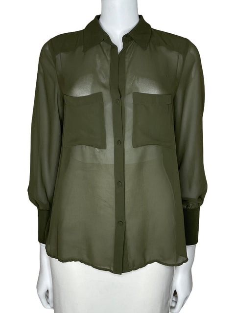 Camisa Zara Bolsillos Manga Larga Verde-Talla XS