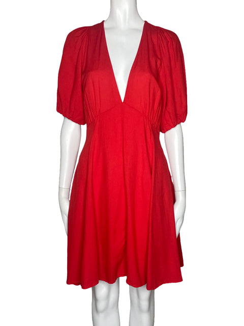 Vestido Zara Cuello V Mangas Puff Rojo-Talla M