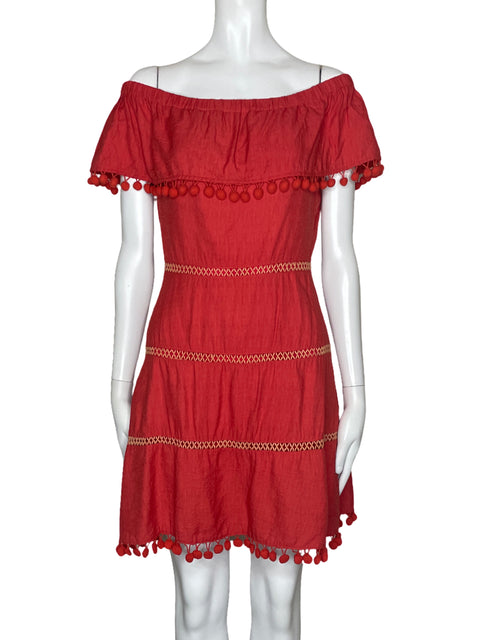 Vestido Sugar+Lips Pompones Off Shoulder Rojo-Talla S