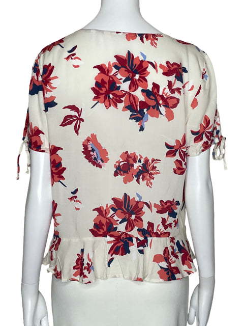 Blusa Naf Naf Flores Cuello V Blanco-Talla S