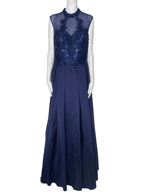 Vestido JVN By Jovani Pedreria Pliegues Azul-Talla 12