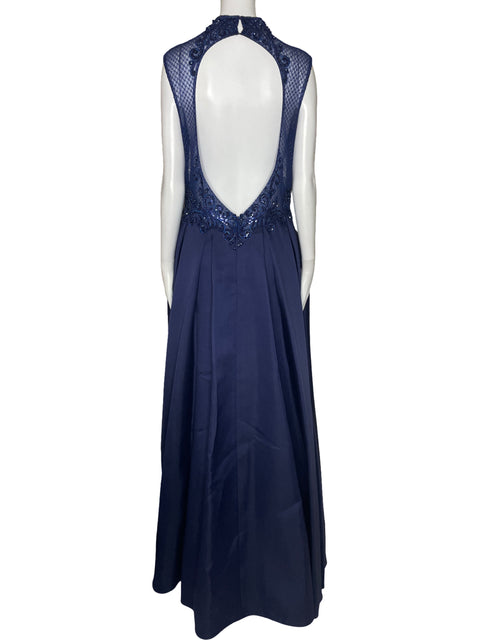 Vestido JVN By Jovani Pedreria Pliegues Azul-Talla 12