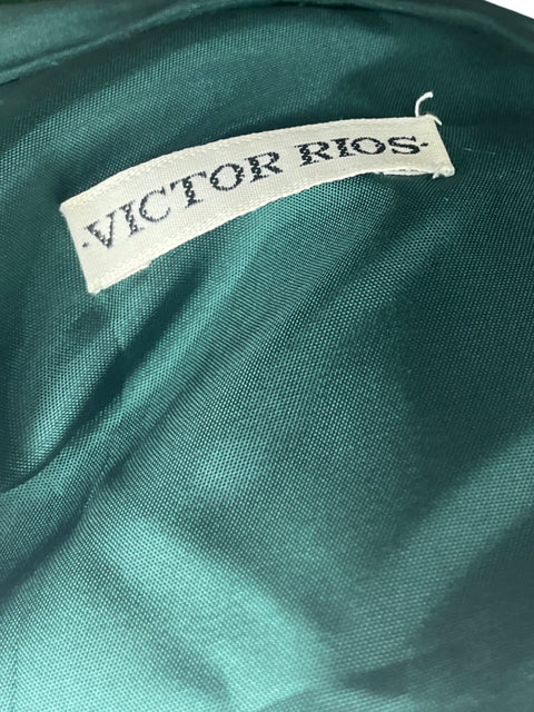Vestido Victor Rios Lentejuelas Manga Corta Verde- Talla L