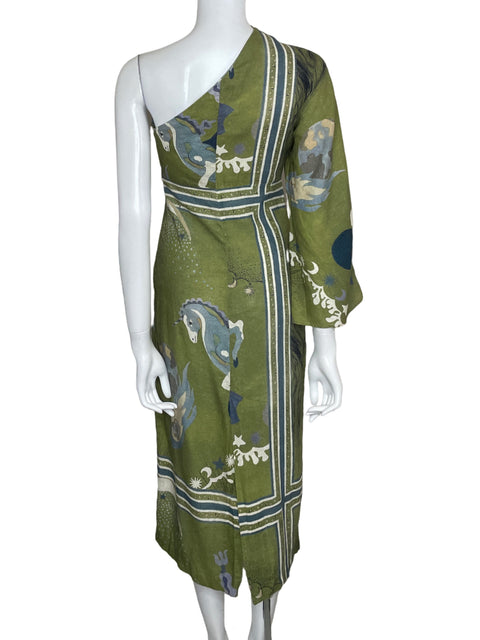 Vestido Zara One Shoulder Midi Verde-Talla XS