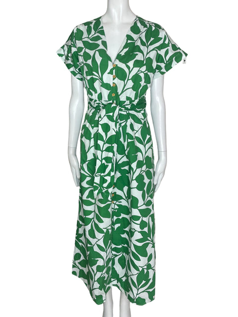 Vestido Zara Cuello V Botones Flores Verdes- Talla XS