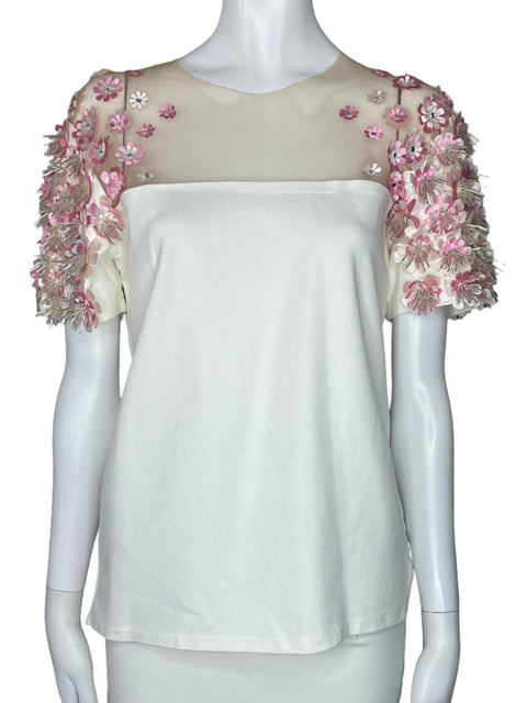 Blusa Pamela Stevenson Flores Malla Blanco-Talla M