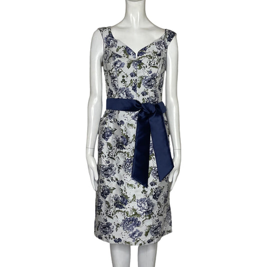 Vestido Kay Unger  Lazo Cintura Flores 
Blanco-Talla 8