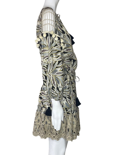 Vestido Alexis Hojas Pompones Negro-Talla XS