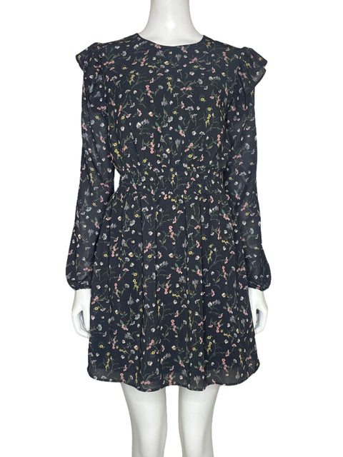Vestido Aqua Mangas Larga Flores Negro - Talla L