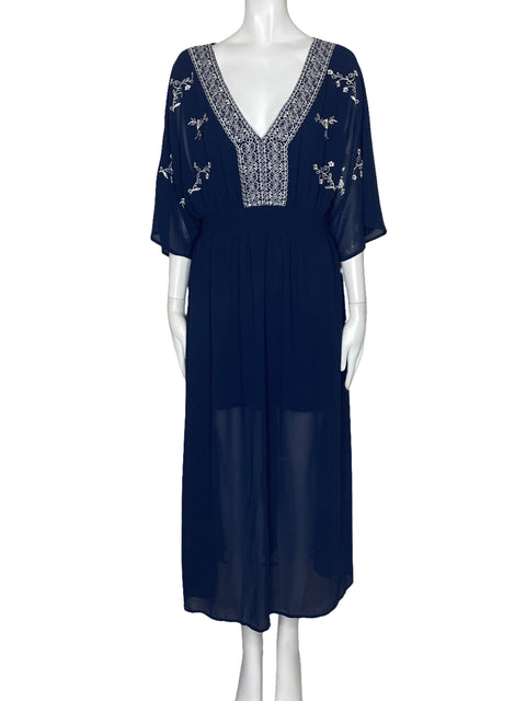 Vestido En Creme Bordado Azul-Talla M