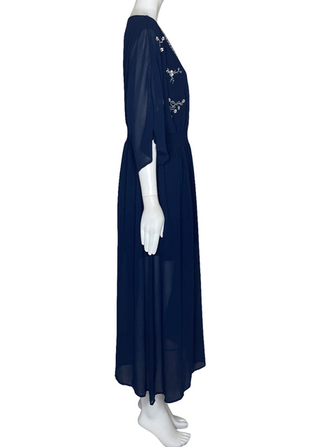 Vestido En Creme Bordado Azul-Talla M