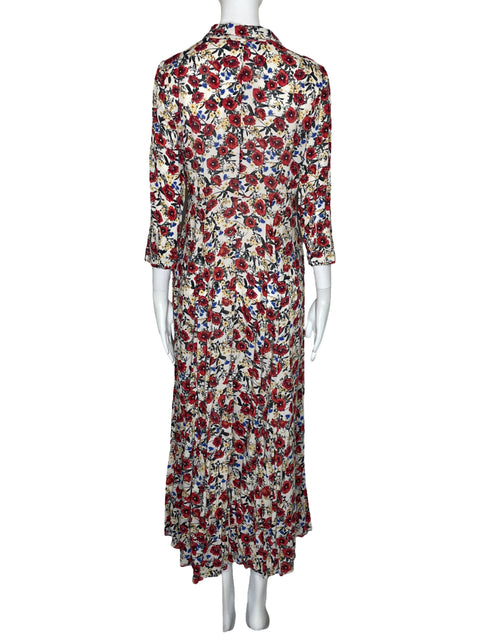 Vestido Zara Camisero Floreado Botones Blanco-Talla M