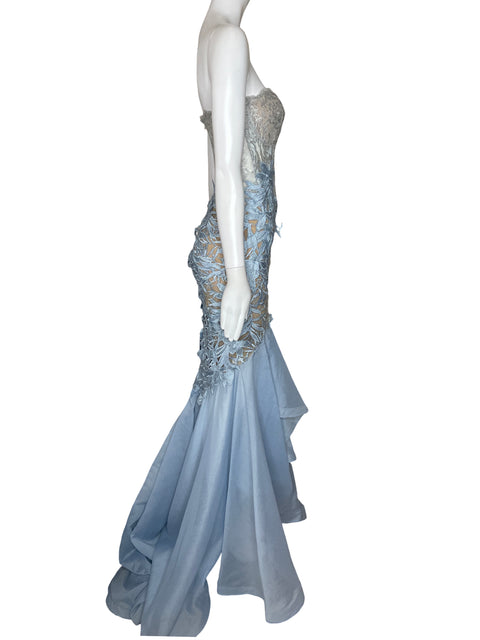Vestido Beside Couture By Gemy Encaje Strapless Azul-Talla 8