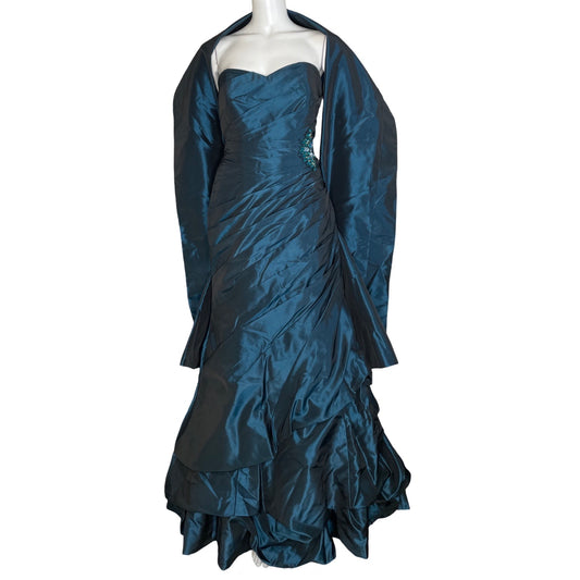 Vestido Jovani Plisado Pedrería Verde-Talla 10