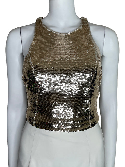 Top Zara Lentejuelas Crop Sin Mangas Dorado-Talla XS