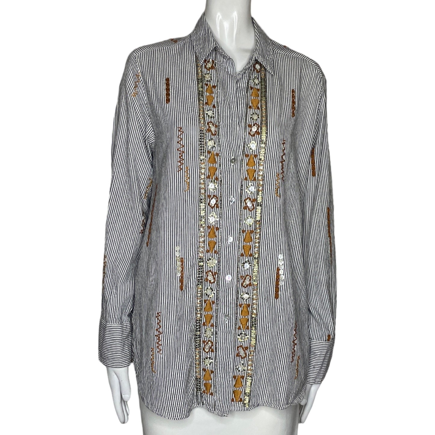 Camisa Zara Rayas Lentejuela Gris-Talla S