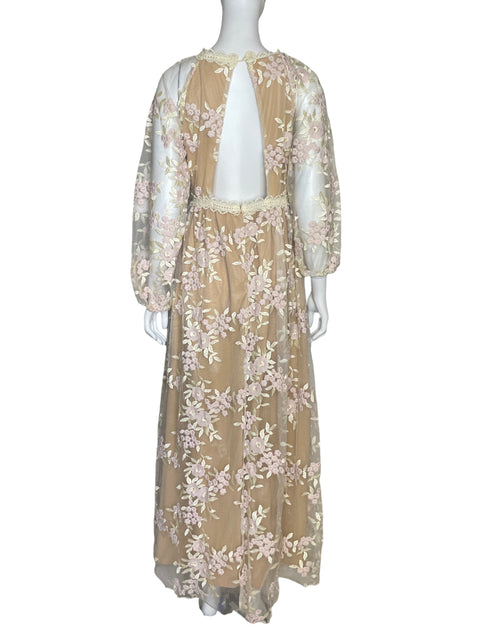 Vestido Just Me Bordado Flores Beige-Talla M