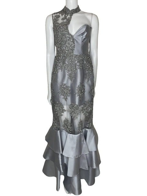 Vestido Darce Maxi Halter One Shoulder Gris-Talla U