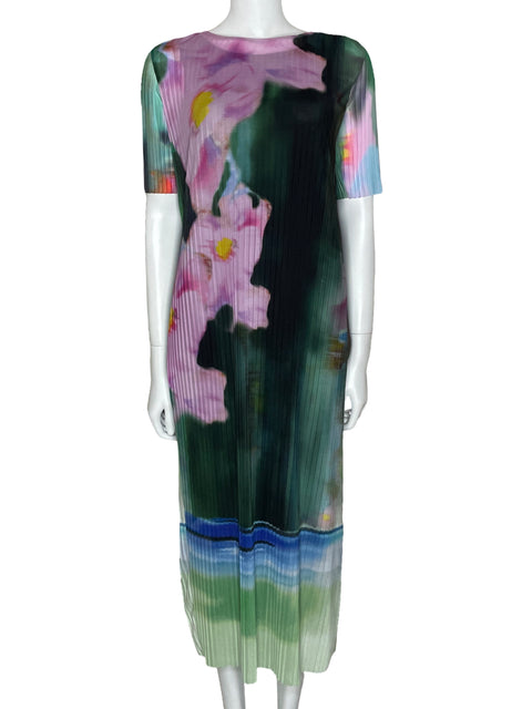 Vestido Desigual Plisado Floral Verde-Talla XS