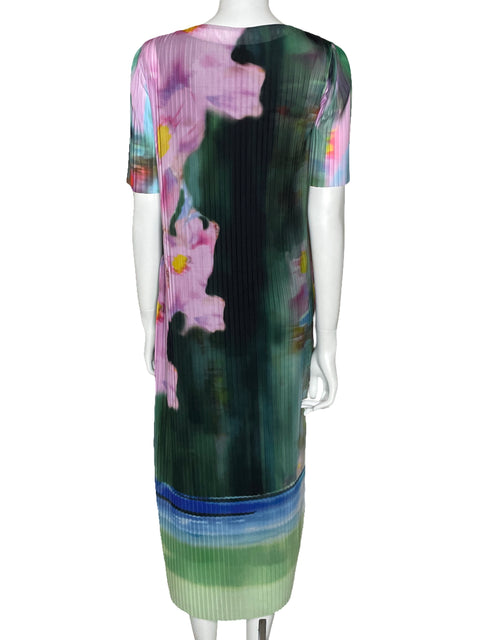 Vestido Desigual Plisado Floral Verde-Talla XS