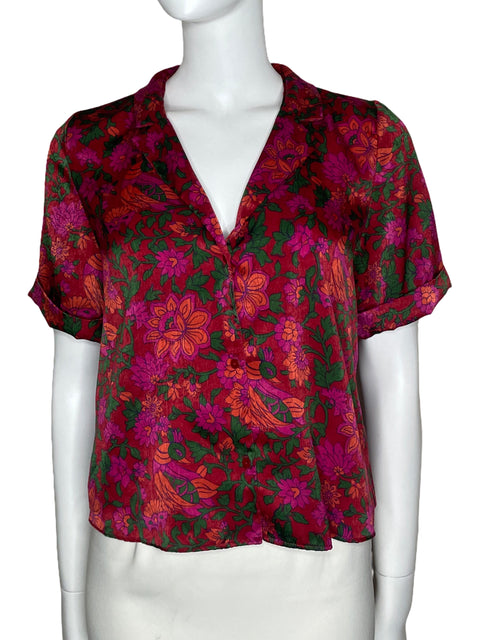 Camisa Zara Satinada Floral Rosado-Talla M