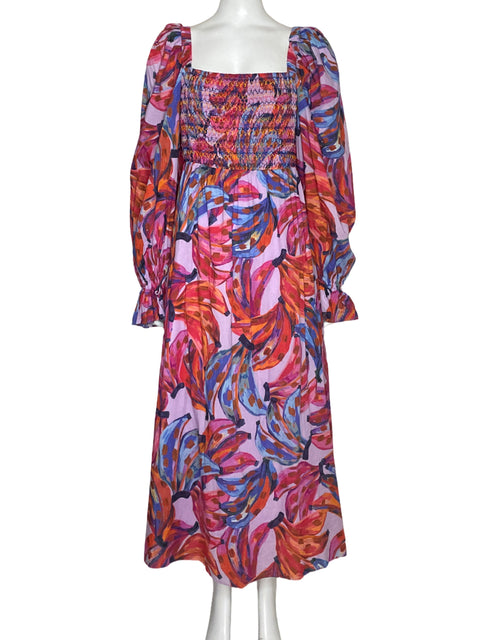 Vestido Farm Rio Bananas Mangas Abullonadas Fucsia - Talla L