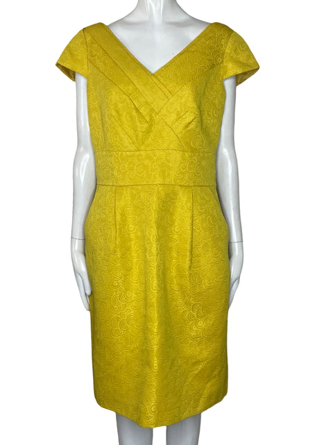 Vestido Tahari Pliegues Bolsillos Amarillo-Talla 10