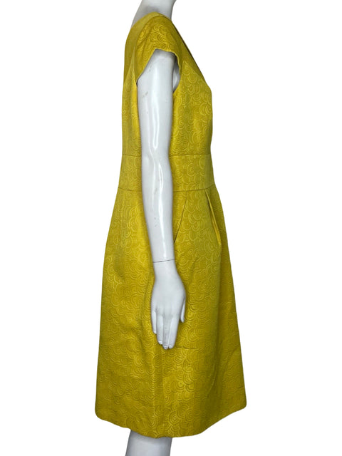 Vestido Tahari Pliegues Bolsillos Amarillo-Talla 10