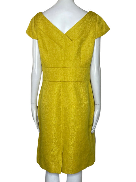 Vestido Tahari Pliegues Bolsillos Amarillo-Talla 10