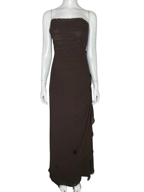Vestido Merrily Strapless Drapeado Marrón-Talla 10