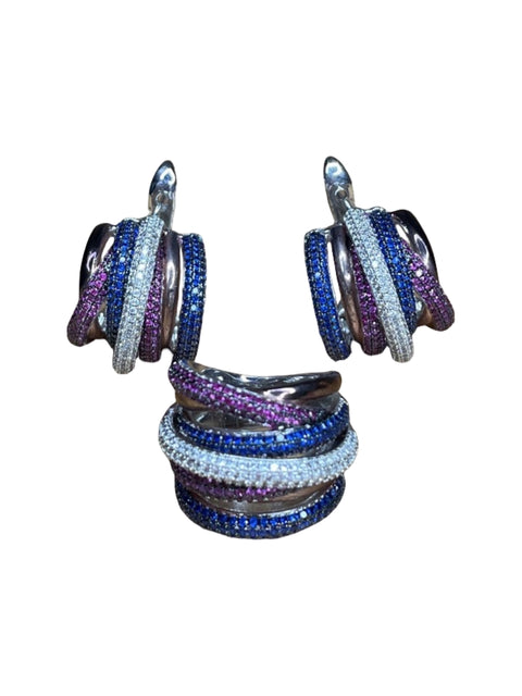 Set Tesoro TPS Anilo+Aretes Piedras Plateado-Talla U