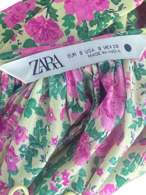 Vestido Zara Floral Abullonado Amarillo-Talla S
