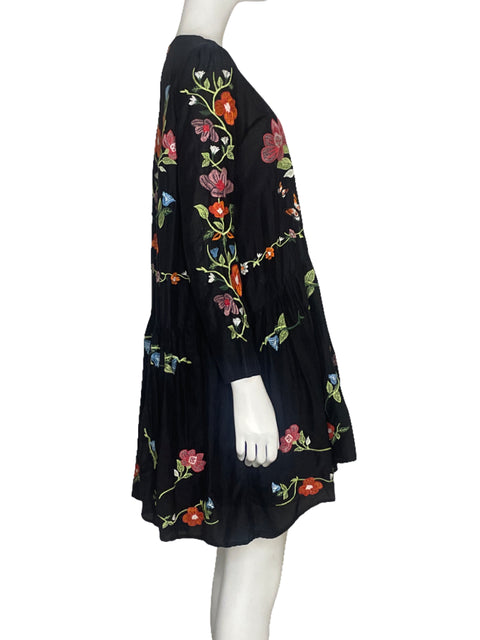Vestido Zara Bordado Flores Negro-Talla S