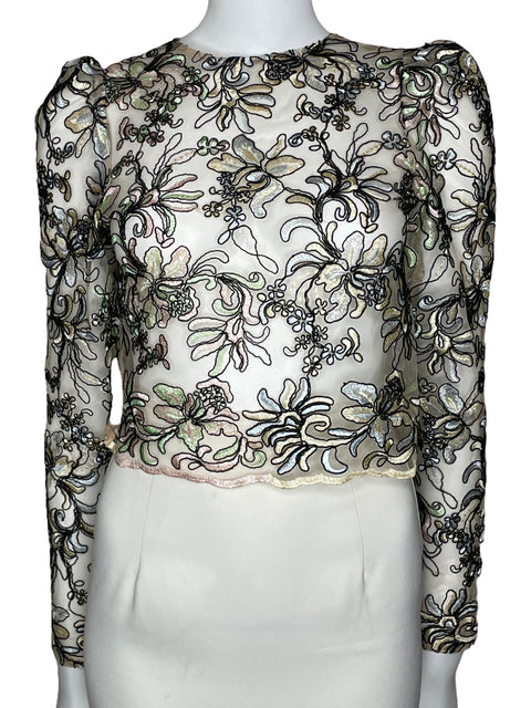 Top TopShop Bordado Floral Beige-Talla 2
