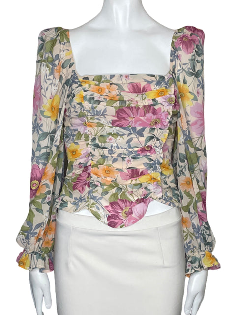Blusa ASTR Flores Drapeado Biege-Talla S