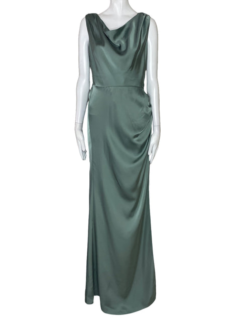 Vestido Maniju Satinado Fluido Verde-Talla M